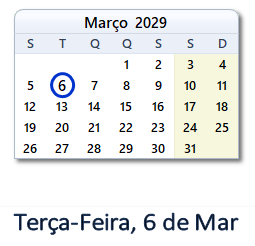 6 Março 2029 calendario