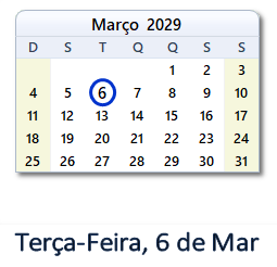 6 Março 2029 calendario