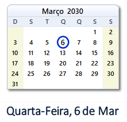 6 Março 2030 calendario