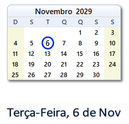 6 Novembro 2029 calendario