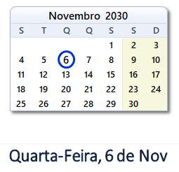 6 Novembro 2030 calendario