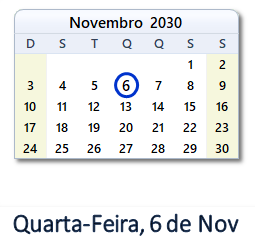 6 Novembro 2030 calendario