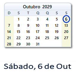 6 Outubro 2029 calendario