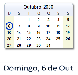 6 Outubro 2030 calendario