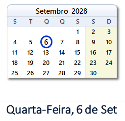 6 Setembro 2028 calendario