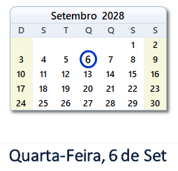 6 Setembro 2028 calendario