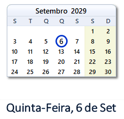 6 Setembro 2029 calendario