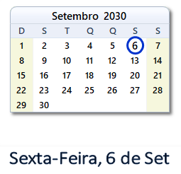 6 Setembro 2030 calendario