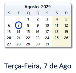 7 Agosto 2029 calendario