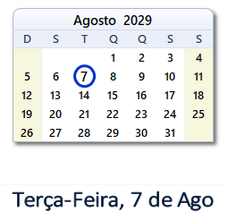 7 Agosto 2029 calendario