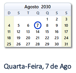 7 Agosto 2030 calendario