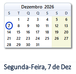 7 Dezembro 2026 calendario