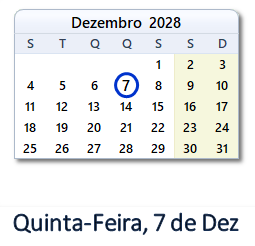 7 Dezembro 2028 calendario
