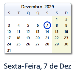 7 Dezembro 2029 calendario