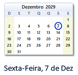7 Dezembro 2029 calendario