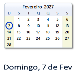7 Fevereiro 2027 calendario