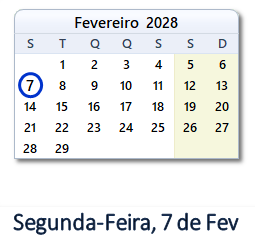 7 Fevereiro 2028 calendario