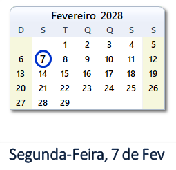7 Fevereiro 2028 calendario