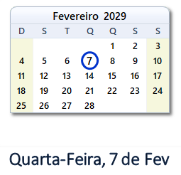 7 Fevereiro 2029 calendario