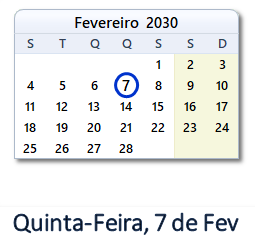 7 Fevereiro 2030 calendario