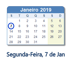 7 Janeiro 2019 calendario