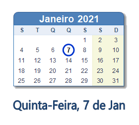 7 de Jan, 2021 Calendário com Feriados e Cont. Regressiva - POR
