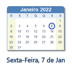 7 Janeiro 2022 calendario