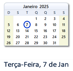 7 Janeiro 2025 calendario