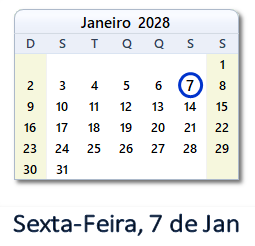 7 Janeiro 2028 calendario
