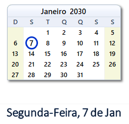7 Janeiro 2030 calendario