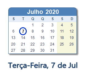 7 Julho 2020 calendario