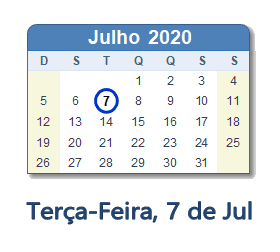 7 Julho 2020 calendario