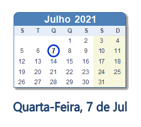 7 Julho 2021 calendario