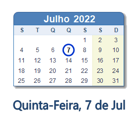 7 Julho 2022 calendario
