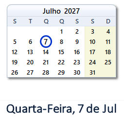 7 Julho 2027 calendario