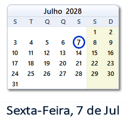 7 Julho 2028 calendario