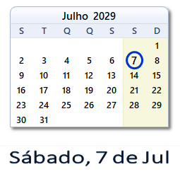 7 Julho 2029 calendario