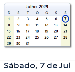 7 Julho 2029 calendario