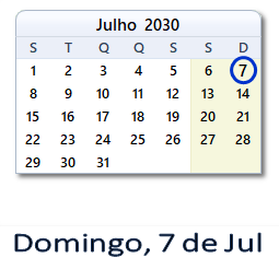7 Julho 2030 calendario