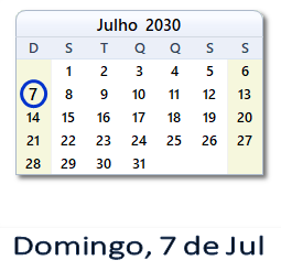 7 Julho 2030 calendario