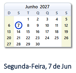 7 Junho 2027 calendario