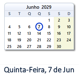 7 Junho 2029 calendario