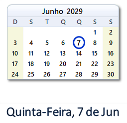 7 Junho 2029 calendario