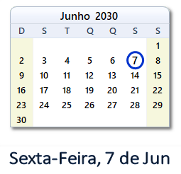 7 Junho 2030 calendario
