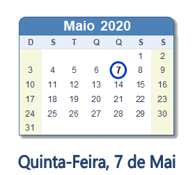 7 Maio 2020 calendario