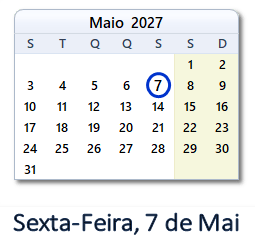 7 Maio 2027 calendario