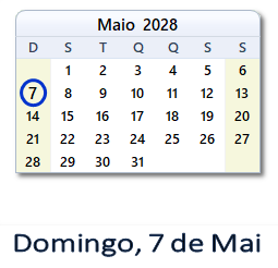 7 Maio 2028 calendario
