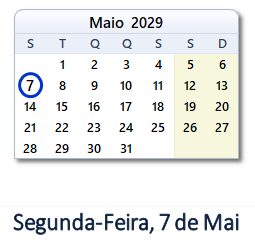 7 Maio 2029 calendario