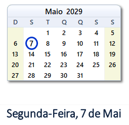 7 Maio 2029 calendario
