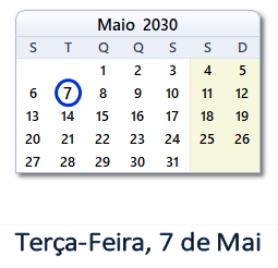 7 Maio 2030 calendario